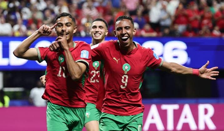 FIFA World Cup, WM, Weltmeisterschaft, Fussball 2026 - Group C - Morocco vs Haiti Gessime Yassine of Morocco (L) celebrates with his teammate Soufiane Rahimi after scoring the 4-2 goal during the FIFA World Cup 2026 group stage match Morocco against Haiti, in Atlanta, Georgia, USA, 24 June 2026. ATLANTA United States  Copyright: xRONALDxWITTEKx