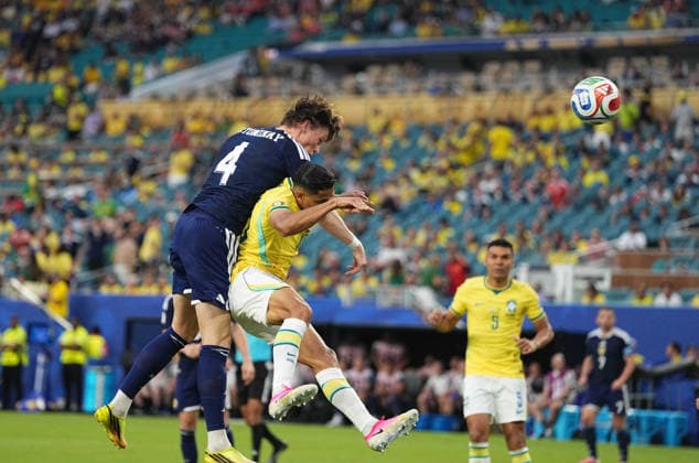 Scott McTominay (Scotland) heads during Scotland and Brazil, Group L FIFA World Cup, WM, Weltmeisterschaft, Fussball 2026, Miami Stadium, Boston, USA on June 24, 2026. Thor Wegner DeFodi Images. (Photo by DeFodi Images) - *** Scott McTominay heads the ball during the match between Scotland and Brazil in Group L of the 2026 FIFA World Cup at Miami Stadium in Boston, USA, on June 24, 2026. Photo by DeFodi Images (Thor Wegner)