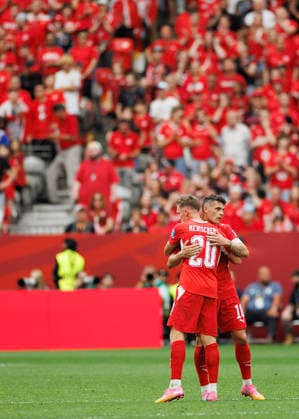 June 24, 2026, Vancouver, British Columbia, Canada: (L-R) Michel Aebischer 20 and Granit Xhaka 10 of Switzerland embrace after the team s 2-1 win in the FIFA World Cup, WM, Weltmeisterschaft, Fussball 2026 Group B match between Switzerland and Canada at BC Place Vancouver. World Cup 2026: Group B Switzerland 2:1 Canada  - ZUMAc132 20260624_fap_c132_013 Copyright: xAndrewxChinx