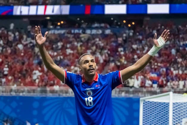 June 24, 2026, Atlanta, Georgia, USA: Haiti forward Wilson Isidor (18) celebrates after scoring a goal against Morocco during their World Cup: First Stage Group C match at Atlanta Stadium in ATLANTA, Georgia. Morocco wins the match, 4:2. Atlanta USA - ZUMAa161 20260624_aaa_a161_024 Copyright: xWalterxArcex xGMGx