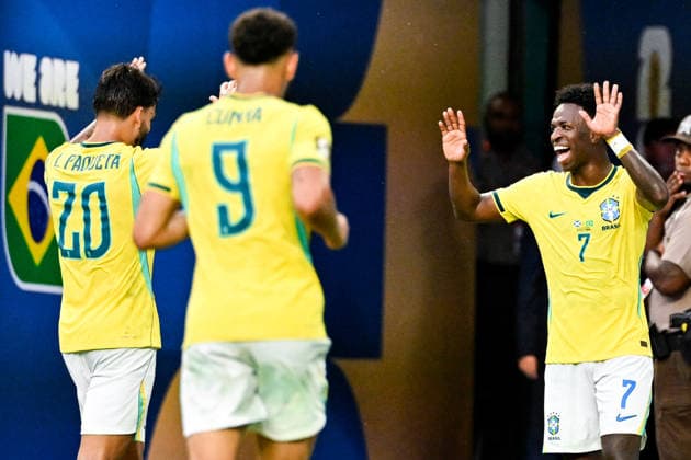 Vinicius Junior of Brazil celebrates after scoring his team s second goal later disallowed by VAR during a FIFA Men’s World Cup 2026 Group Stage football match between Scotland and Brazil at Miami Stadium, in Miami Gardens on June 24th 2026 (Photo by Andre Ricardo SPP)  Copyright: xAndrexRicardo SPPx Sportspressphoto_SPR175722