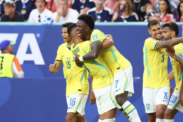 MIAMI GARDENS, FL - JUNE 24: Brazil forward Vinicius Junior (7) celebrates after his second goal of the first half during the FIFA World Cup, WM, Weltmeisterschaft, Fussball 2026 Group C match between Scotland and Brazil on Wednesday, June 24, 2026 at Miami Stadium in Miami Gardens, FL (Photo by Peter Joneleit Icon Sportswire) SOCCER: JUN 24 FIFA World Cup 26 Group C - Scotland vs Brazil EDITORIAL USE ONLY Icon260624009