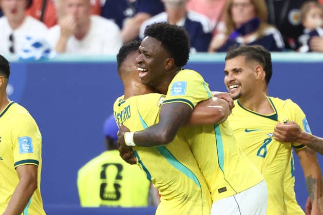 MIAMI GARDENS, FL - JUNE 24: Brazil forward Vinicius Junior (7) celebrates after his second goal of the first half during the FIFA World Cup, WM, Weltmeisterschaft, Fussball 2026 Group C match between Scotland and Brazil on Wednesday, June 24, 2026 at Miami Stadium in Miami Gardens, FL (Photo by Peter Joneleit Icon Sportswire) SOCCER: JUN 24 FIFA World Cup 26 Group C - Scotland vs Brazil EDITORIAL USE ONLY Icon260624010