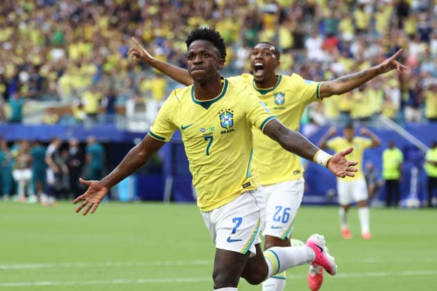 MIAMI GARDENS, FL - JUNE 24: Brazil forward Vinicius Junior (7) celebrates his first goal in the first half during the FIFA World Cup, WM, Weltmeisterschaft, Fussball 2026 Group C match between Scotland and Brazil on Wednesday, June 24, 2026 at Miami Stadium in Miami Gardens, FL (Photo by Peter Joneleit Icon Sportswire) SOCCER: JUN 24 FIFA World Cup 26 Group C - Scotland vs Brazil EDITORIAL USE ONLY Icon260624015