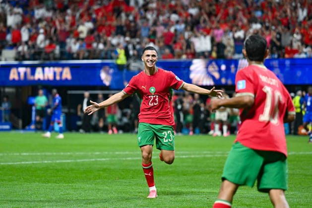 ATLANTA, GA - JUNE 24: Bilal El Khannouss 23 of Morocco celebrates the goal by Gessime Yassine 16 during the FIFA World Cup, WM, Weltmeisterschaft, Fussball 2026 Group C match between Morocco and Haiti on June 24th, 2026 at Atlanta Stadium in Atlanta, GA. (Photo by Rich von Biberstein Icon Sportswire) SOCCER: JUN 24 FIFA World Cup 26 Group C - Morocco vs Haiti EDITORIAL USE ONLY Icon260624023