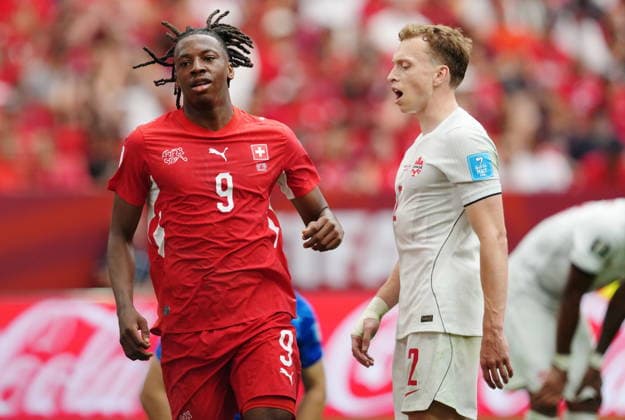June 24, 2026, Vancouver, Bc, CANADA: Switzerland s Johan Manzambi (9) celebrates his goal as Canada s Alistair Johnston (2) looks on during the second half of a World Cup Group B soccer match, in Vancouver, on Wednesday, June 24, 2026. Canada News - June 24, 2026  - ZUMAc35_ 20260624_zaf_c35_216 Copyright: xEthanxCairnsx