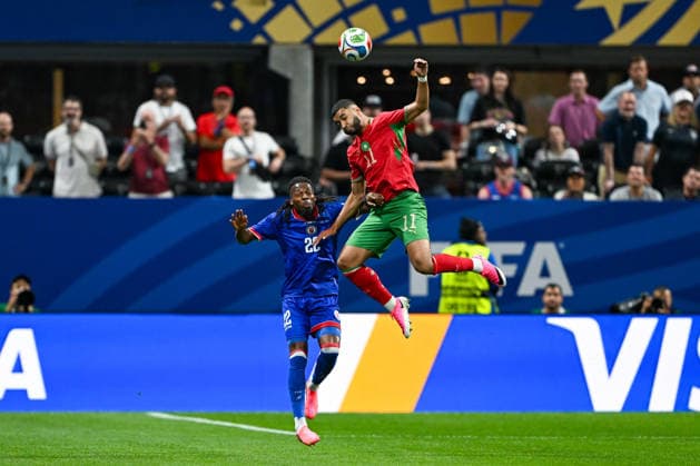 ATLANTA, GA - JUNE 24: Ismael Saibari 11 of Morocco and Jean-Kevin Duverne 22 of Haiti battle for a header during the FIFA World Cup, WM, Weltmeisterschaft, Fussball 2026 Group C match between Morocco and Haiti on June 24th, 2026 at Atlanta Stadium in Atlanta, GA. (Photo by Rich von Biberstein Icon Sportswire) SOCCER: JUN 24 FIFA World Cup 26 Group C - Morocco vs Haiti EDITORIAL USE ONLY Icon260624027