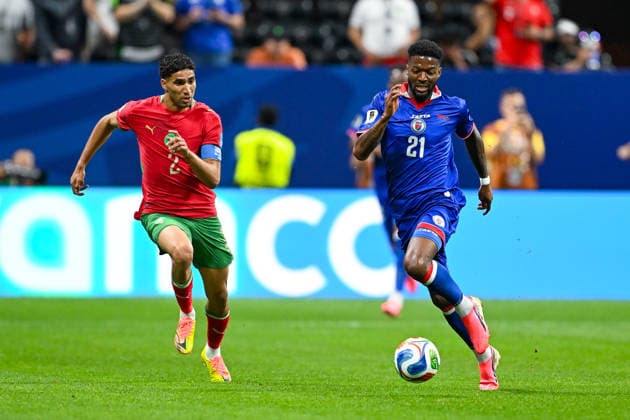 ATLANTA, GA - JUNE 24: Josue Casimir 21 of Haiti dribbles during the FIFA World Cup, WM, Weltmeisterschaft, Fussball 2026 Group C match between Morocco and Haiti on June 24th, 2026 at Atlanta Stadium in Atlanta, GA. (Photo by Rich von Biberstein Icon Sportswire) SOCCER: JUN 24 FIFA World Cup 26 Group C - Morocco vs Haiti EDITORIAL USE ONLY Icon260624029