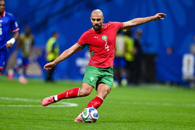 ATLANTA, GA - JUNE 24: Sofyan Amrabat 4 of Morocco takes a shot during the FIFA World Cup, WM, Weltmeisterschaft, Fussball 2026 Group C match between Morocco and Haiti on June 24th, 2026 at Atlanta Stadium in Atlanta, GA. (Photo by Rich von Biberstein Icon Sportswire) SOCCER: JUN 24 FIFA World Cup 26 Group C - Morocco vs Haiti EDITORIAL USE ONLY Icon260624054