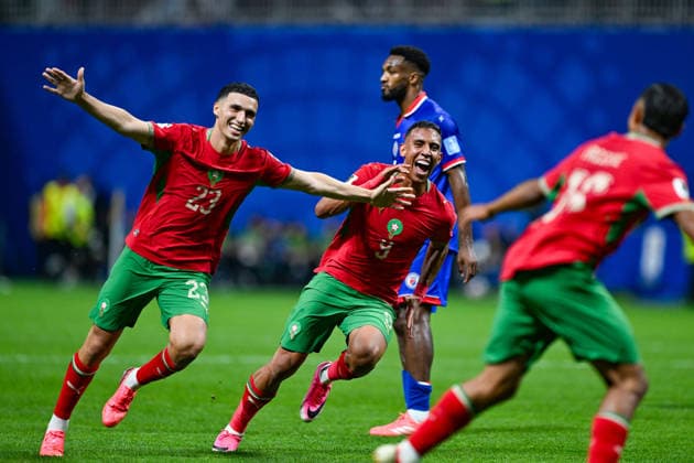 ATLANTA, GA - JUNE 24: Bilal El Khannouss 23 and Azzedine Ounahi 8 celebrate the goal by teammate Gessime Yassine 16 of Morocco during the FIFA World Cup, WM, Weltmeisterschaft, Fussball 2026 Group C match between Morocco and Haiti on June 24th, 2026 at Atlanta Stadium in Atlanta, GA. (Photo by Rich von Biberstein Icon Sportswire) SOCCER: JUN 24 FIFA World Cup 26 Group C - Morocco vs Haiti EDITORIAL USE ONLY Icon260624066