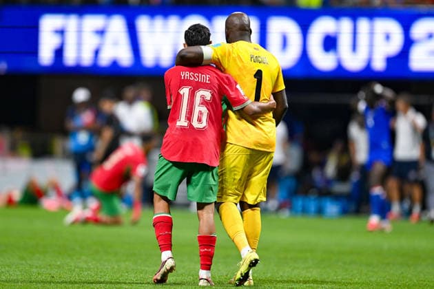 ATLANTA, GA - JUNE 24: Gessime Yassine 16 of Morocco and Johnny Placide 1 of Haiti embrace as the final whistle blows during the FIFA World Cup, WM, Weltmeisterschaft, Fussball 2026 Group C match between Morocco and Haiti on June 24th, 2026 at Atlanta Stadium in Atlanta, GA. (Photo by Rich von Biberstein Icon Sportswire) SOCCER: JUN 24 FIFA World Cup 26 Group C - Morocco vs Haiti EDITORIAL USE ONLY Icon260624070
