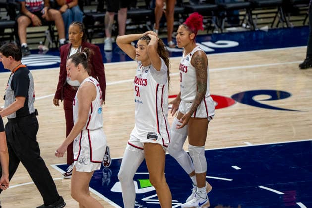 WASHINGTON, DC - JUNE 24: center Lauren Betts 51 of the Washington Mystics reacts after the final buzzer of the WNBA, Basketball Damen, USA game between the Washington Mystics and the Minnesota Lynx on June 24, 2026 at CareFirst Arena in Washington, DC. (Photo by Ben Hsu Icon Sportswire) WNBA: JUN 24 Minnesota Lynx at Washington Mystics EDITORIAL USE ONLY Icon224260624086