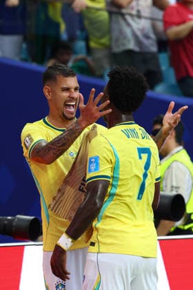 FIFA World Cup, WM, Weltmeisterschaft, Fussball 2026: Scotland v Brazil MIAMI, USA - 24th June 2026: Vinicius Junior of Brazil celebrates scoring his side s second goal with team mate Bruno Guimaraes, but it™s later ruled out by VAR, during the FIFA World Cup 2026 Group C match between Scotland and Brazil at Miami Stadium Miami Miami Stadium United States of America Copyright: xCraigxMercerx xPeakxActionxPhotosx