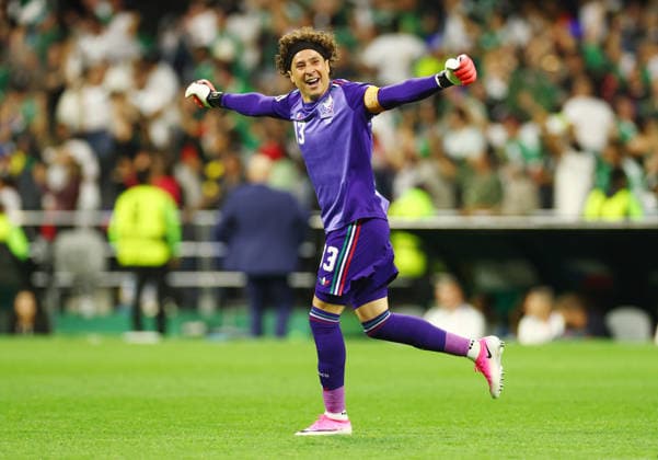 Legendary Mexico goalkeeper Guillermo Ochoa celebrates after their third goal in the second half of a FIFA World Cup, WM, Weltmeisterschaft, Fussball match against Czechia at Mexico City Stadium in Mexico City, Mexico, on Wednesday, June 24, 2026.  MEX20260624820 CHRISTIANxBRUNSKILL