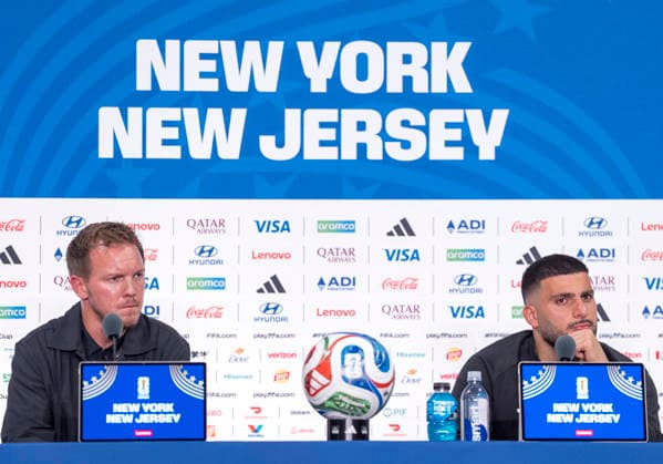 FIFA World Cup, WM, Weltmeisterschaft, Fussball 2026: Julian Nagelsmann (Germany, Coach) und Deniz Undav (Germany, 26) bei der Pressekonferenz vor dem dritten WM-Gruppenspiel Ecuador - Deutschland in New York New Jersey Stadium in East Rutherford, New Jersey, USA. 24.06.2026 *** 2026 FIFA World Cup: Julian Nagelsmann (Germany), coach, and Deniz Undav (Germany), 26, at the press conference ahead of the third World Cup group stage match between Ecuador and Germany at New Jersey Stadium in East Rutherford, New Jersey, USA, on June 24, 2026 Copyright: HMBxMedia xMarcoxBader
