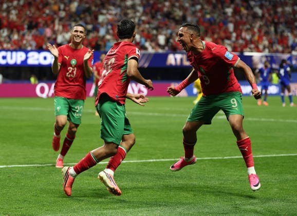 (260625) -- ATLANTA, June 25, 2026 -- Gessime Yassine (C) of Morocco celebrates his goal during the group C match between Morocco and Haiti at the 2026 FIFA World Cup, WM, Weltmeisterschaft, Fussball at Atlanta Stadium in Atlanta, the United States, June 24, 2026. ) (SP)U.S.-ATLANTA-FOOTBALL-FIFA WORLD CUP-GROUP C-MAR VS HTI WangxKaiyan 