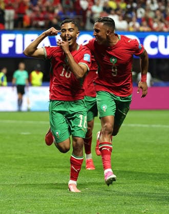 (260625) -- ATLANTA, June 25, 2026 -- Gessime Yassine (L) of Morocco celebrates his goal with Soufiane Rahimi during the group C match between Morocco and Haiti at the 2026 FIFA World Cup, WM, Weltmeisterschaft, Fussball at Atlanta Stadium in Atlanta, the United States, June 24, 2026. ) (SP)U.S.-ATLANTA-FOOTBALL-FIFA WORLD CUP-GROUP C-MAR VS HTI WangxKaiyan 