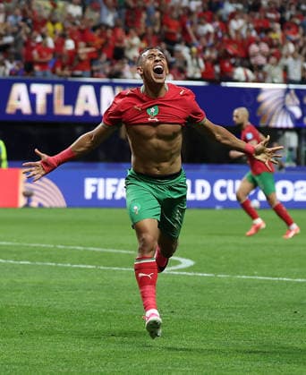 (260625) -- ATLANTA, June 25, 2026 -- Soufiane Rahimi of Morocco celebrates his goal during the group C match between Morocco and Haiti at the 2026 FIFA World Cup, WM, Weltmeisterschaft, Fussball at Atlanta Stadium in Atlanta, the United States, June 24, 2026. ) (SP)U.S.-ATLANTA-FOOTBALL-FIFA WORLD CUP-GROUP C-MAR VS HTI WangxKaiyan 