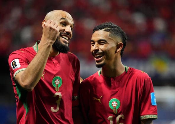 (260625) -- ATLANTA, June 25, 2026 -- Noussair Mazraoui (L) and Gessime Yassine of Morocco are seen after the group C match between Morocco and Haiti at the 2026 FIFA World Cup, WM, Weltmeisterschaft, Fussball at Atlanta Stadium in Atlanta, the United States, June 24, 2026. ) (SP)U.S.-ATLANTA-FOOTBALL-FIFA WORLD CUP-GROUP C-MAR VS HTI JuxHuanzong 
