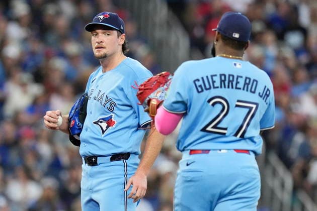 June 24, 2026, Toronto, On, CAN: Toronto Blue Jays pitcher Trey Yesavage (39) reacts as he is pulled from the game as Jays Vladimir Guerrero Jr. approaches the mound during 5th inning of MLB, Baseball Herren, USA baseball action against Houston Astros in Toronto on Wednesday, June 24, 2026. Canada News - June 24, 2026  - ZUMAc35_ 20260624_zaf_c35_302 Copyright: xChrisxYoungx
