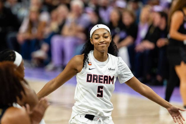 SAN FRANCISCO, CA - JUNE 24: Angel Reese 5 of the Atlanta Dream reacts to a missed free throw during a game against the Golden State Valkyries on June 24, 2026 at Chase Center in San Francisco, CA. (Photo by Matthew Huang Icon Sportswire) WNBA, Basketball Damen, USA JUN 24 Atlanta Dream at Golden State Valkyries EDITORIAL USE ONLY Icon260624142
