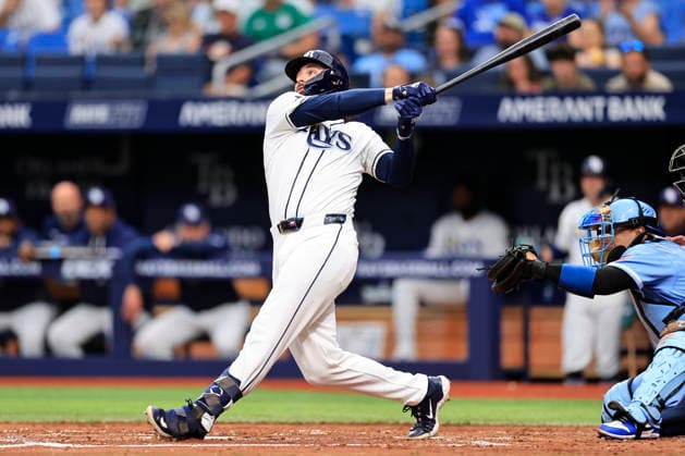 June 24, 2026, St. Petersburg, Florida, USA: Tampa Bay Rays right fielder Ryan Vilade (26) pops out to Kansas City Royals first baseman Jac Caglianone (14) during an MLB, Baseball Herren, USA game on June 24, 2026 at Tropicana Field. The Rays beat the Royals 5-3. St. Petersburg USA - ZUMAh180 20260624_zsp_h180_010 Copyright: xKimxHukarix
