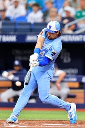 June 24, 2026, St. Petersburg, Florida, USA: Kansas City Royals first baseman Jac Caglianone (14) fouls off a pitch during an MLB, Baseball Herren, USA game against the Tampa Bay Rays on June 24, 2026 at Tropicana Field. The Rays beat the Royals 5-3. MLB 2026: Tampa Bay Rays 5 : 3 Kansas City Royals  - ZUMAh180 20260624_zsp_h180_007 Copyright: xKimxHukarix