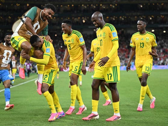 (260625) -- MONTERREY, June 25, 2026 -- Thapelo Maseko (No. 12) celebrates his goal with teammates during a group A match between South Africa and South Korea at the 2026 FIFA World Cup, WM, Weltmeisterschaft, Fussball at Estadio Monterrey in Monterrey, Mexico, on June 24, 2026. (Photo by Xinhua) (SP)MEXICO-MONTERREY-FOOTBALL-FIFA WORLD CUP-GROUP A-RSA VS KOR LucioxTavora 