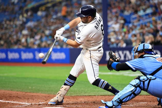 June 24, 2026, St. Petersburg, Florida, USA: Tampa Bay Rays first baseman Jonathan Aranda (8) fouls off a pitch during an MLB, Baseball Herren, USA game against the Kansas City Royals on June 24, 2026 at Tropicana Field. The Rays beat the Royals 5-3. MLB 2026: Tampa Bay Rays 5 : 3 Kansas City Royals  - ZUMAh180 20260624_zsp_h180_092 Copyright: xKimxHukarix