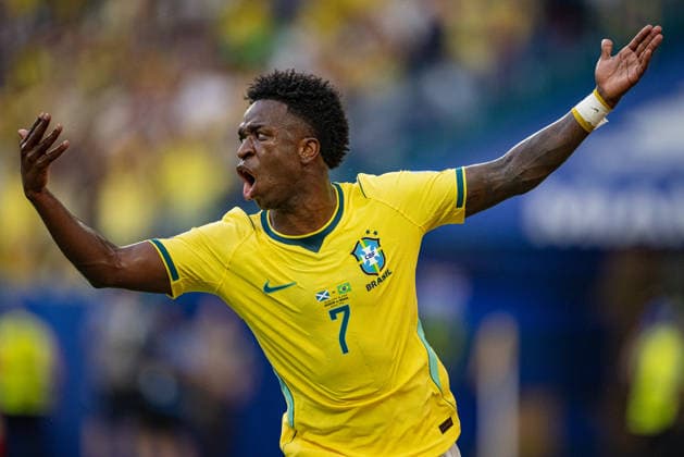 Vinicius Junior of Brazil gestures during the FIFA World Cup, WM, Weltmeisterschaft, Fussball 2026 Group D match between Brazil and Scotland at Miami Stadium in Miami Gardens, Florida, United States, on June 24th, 2026. (Photo by Riquelve Nata Sports Press Photo)  Copyright: xRiquelvexNata SportsxPressxPhotox Sportspressphoto_SPR176317