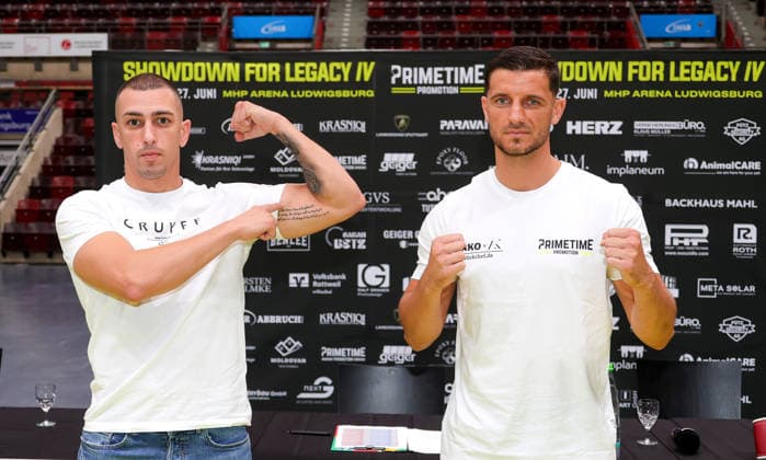 25.06.2026, Deutschland, Ludwigsburg, Boxen Showdown for Legacy IV, Pressekonferenz, Teilnehmer: v.l. Vinko Zadro, Ardian Krasniqi *** June 25, 2026, Germany, Ludwigsburg, Boxing Showdown for Legacy IV, Press Conference, Participants (from left to right): Vinko Zadro, Ardian Krasniqi