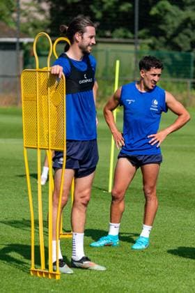 Gent s new player Christian Burgess and Gent s Abdelkahar Kadri pictured during a training session of Belgian first division soccer team KAA Gent, on Thursday 25 June 2026 in Gent, in preparation of the upcoming 2026-2027 Belgian first division soccer season. KURTxDESPLENTER  x179232039x