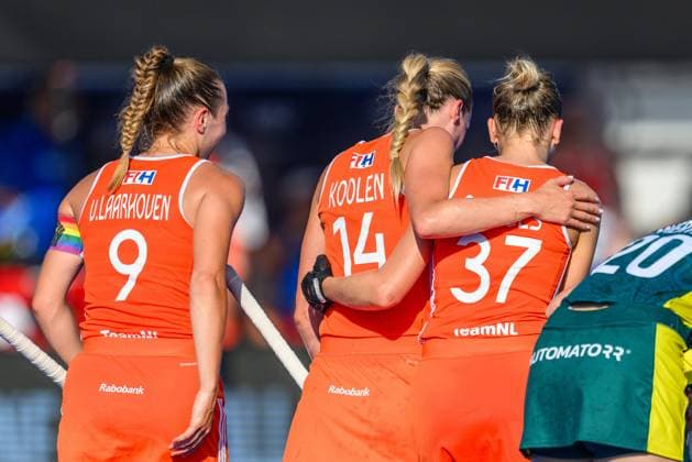 WAVER, 24-06-2026, Belfius Hockey Arena, FIH Hockey Pro League Women, Season 2025-2026. Renee van Laarhoven, Sanne Koolen and Guusje Moes celebrating the goal scored during the game Australia - Netherlands (women). Australia - Netherlands (women)  x204636979x Copyright: