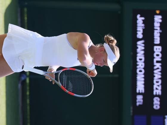 Belgian Jeline Vandromme pictured in action during a tennis match against Georgian Bolkvadze, a qualifier for the women s singles at the Wimbledon grand slam tennis tournament in London, Britain, Thursday 25 June 2026. The main tournament is starting next Monday. BENOITxDOPPAGNE  x179238700x