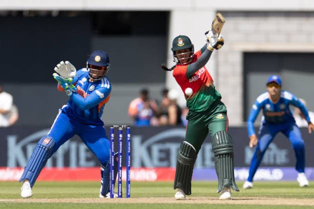 MANCHESTER, ENGLAND - JUNE 25: Juairiya Ferdous of Bangladesh bats during the ICC Women s T20 World Cup match between India and Bangladesh at Old Trafford Cricket Ground on June 25, 2026 in Manchester, England.  Copyright: xUnnatixNaidux Sportspressphoto_SPR176475