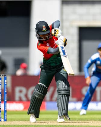 MANCHESTER, ENGLAND - JUNE 25: Sobhana Mostary of Bangladesh bats during the ICC Women s T20 World Cup match between India and Bangladesh at Old Trafford Cricket Ground on June 25, 2026 in Manchester, England.  Copyright: xUnnatixNaidux Sportspressphoto_SPR176480
