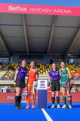 WAVER, 24-06-2026, Belfius Hockey Arena, FIH Hockey Pro League Women, Season 2025-2026. Renee van Laarhoven, Claire Colwill and Umpires before the game Australia - Netherlands (women). Australia - Netherlands (women)  x204638561x Copyright: