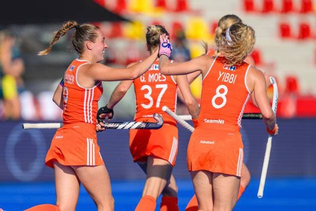 WAVER, 24-06-2026, Belfius Hockey Arena, FIH Hockey Pro League Women, Season 2025-2026. Renee van Laarhoven and Yibbi Jansen celebrating the goal scored during the game Australia - Netherlands (women). Australia - Netherlands (women)  x204638599x Copyright: