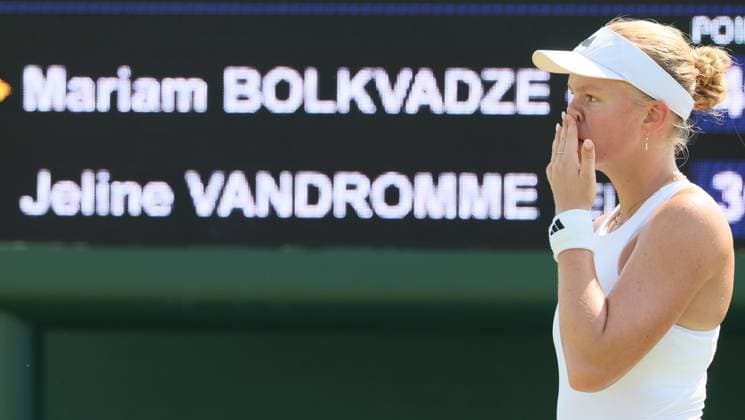 Belgian Jeline Vandromme reacts during a tennis match against Georgian Bolkvadze, a qualifier for the women s singles at the Wimbledon grand slam tennis tournament in London, Britain, Thursday 25 June 2026. The main tournament is starting next Monday. BENOITxDOPPAGNE  x179241713x