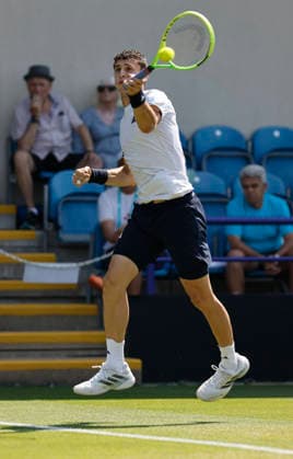 RECORD DATE NOT STATED 25th June 2026; Devonshire Park Lawn Tennis Club, Eastbourne, East Sussex, England; Lexus Eastbourne Open Tennis, Day Five; Juan Manuel Cerundoli (ARG) plays a forehand shot against Toby Samuel (GBR) HongboxChen