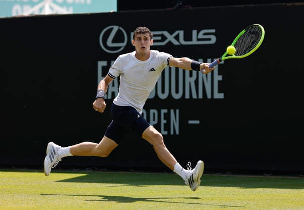 RECORD DATE NOT STATED 25th June 2026; Devonshire Park Lawn Tennis Club, Eastbourne, East Sussex, England; Lexus Eastbourne Open Tennis, Day Five; Juan Manuel Cerundoli (ARG) plays a forehand shot against Toby Samuel (GBR) HongboxChen