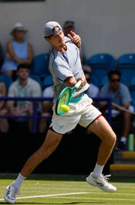 RECORD DATE NOT STATED 25th June 2026; Devonshire Park Lawn Tennis Club, Eastbourne, East Sussex, England; Lexus Eastbourne Open Tennis, Day Five; Toby Samuel (GBR) plays a backhand shot against Juan Manuel Cerundoli (ARG) HongboxChen