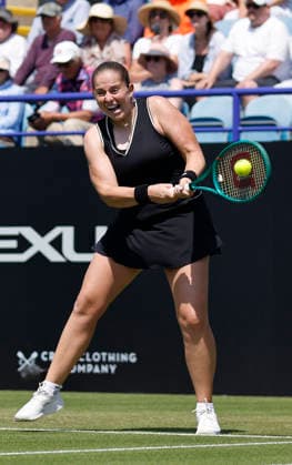 RECORD DATE NOT STATED 25th June 2026; Devonshire Park Lawn Tennis Club, Eastbourne, East Sussex, England; Lexus Eastbourne Open Tennis, Day Five; Jelena Ostapenko (LAT) plays a backhand shot against Zeynep sonmez (TUR) HongboxChen