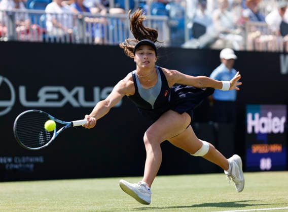RECORD DATE NOT STATED 25th June 2026; Devonshire Park Lawn Tennis Club, Eastbourne, East Sussex, England; Lexus Eastbourne Open Tennis, Day Five; Zeynep sonmez (TUR) plays a forehand shot against Jelena Ostapenko (LAT) HongboxChen