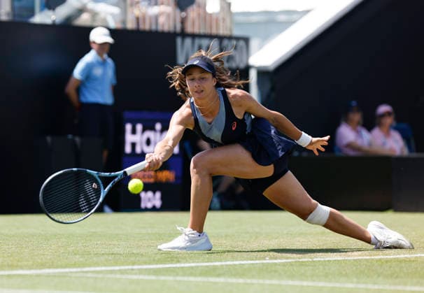 RECORD DATE NOT STATED 25th June 2026; Devonshire Park Lawn Tennis Club, Eastbourne, East Sussex, England; Lexus Eastbourne Open Tennis, Day Five; Zeynep sonmez (TUR) plays a forehand shot against Jelena Ostapenko (LAT) HongboxChen