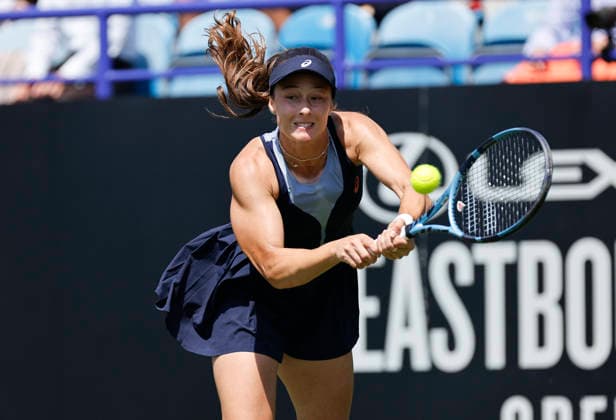 RECORD DATE NOT STATED 25th June 2026; Devonshire Park Lawn Tennis Club, Eastbourne, East Sussex, England; Lexus Eastbourne Open Tennis, Day Five; Zeynep sonmez (TUR) plays a backhand shot against Jelena Ostapenko (LAT) HongboxChen