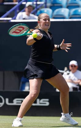 RECORD DATE NOT STATED 25th June 2026; Devonshire Park Lawn Tennis Club, Eastbourne, East Sussex, England; Lexus Eastbourne Open Tennis, Day Five; Jelena Ostapenko (LAT) plays a forehand shot against Zeynep sonmez (TUR) HongboxChen