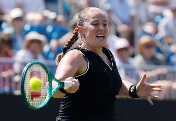 RECORD DATE NOT STATED 25th June 2026; Devonshire Park Lawn Tennis Club, Eastbourne, East Sussex, England; Lexus Eastbourne Open Tennis, Day Five; Jelena Ostapenko (LAT) plays a forehand shot against Zeynep sonmez (TUR) HongboxChen