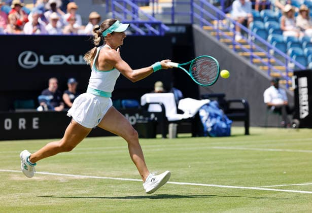 RECORD DATE NOT STATED 25th June 2026; Devonshire Park Lawn Tennis Club, Eastbourne, East Sussex, England; Lexus Eastbourne Open Tennis, Day Five; McCartney Kessler (USA) plays a forehand shot against Madison Keys (USA) HongboxChen