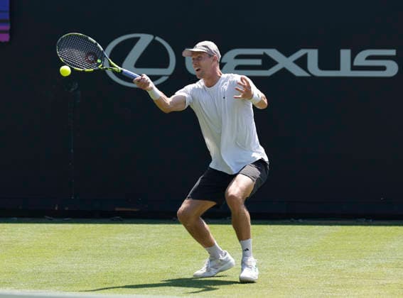 RECORD DATE NOT STATED 25th June 2026; Devonshire Park Lawn Tennis Club, Eastbourne, East Sussex, England; Lexus Eastbourne Open Tennis, Day Five; Jan Choinski (GBR) plays a forehands shot against Zizou Bergs (BEL) HongboxChen